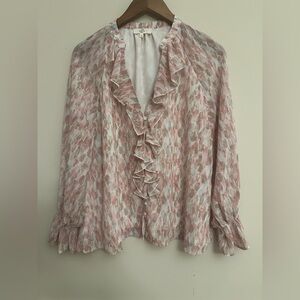 Entro Ruffle Front Long Sleeve Blouse Pink Beige Abstract Print Size M